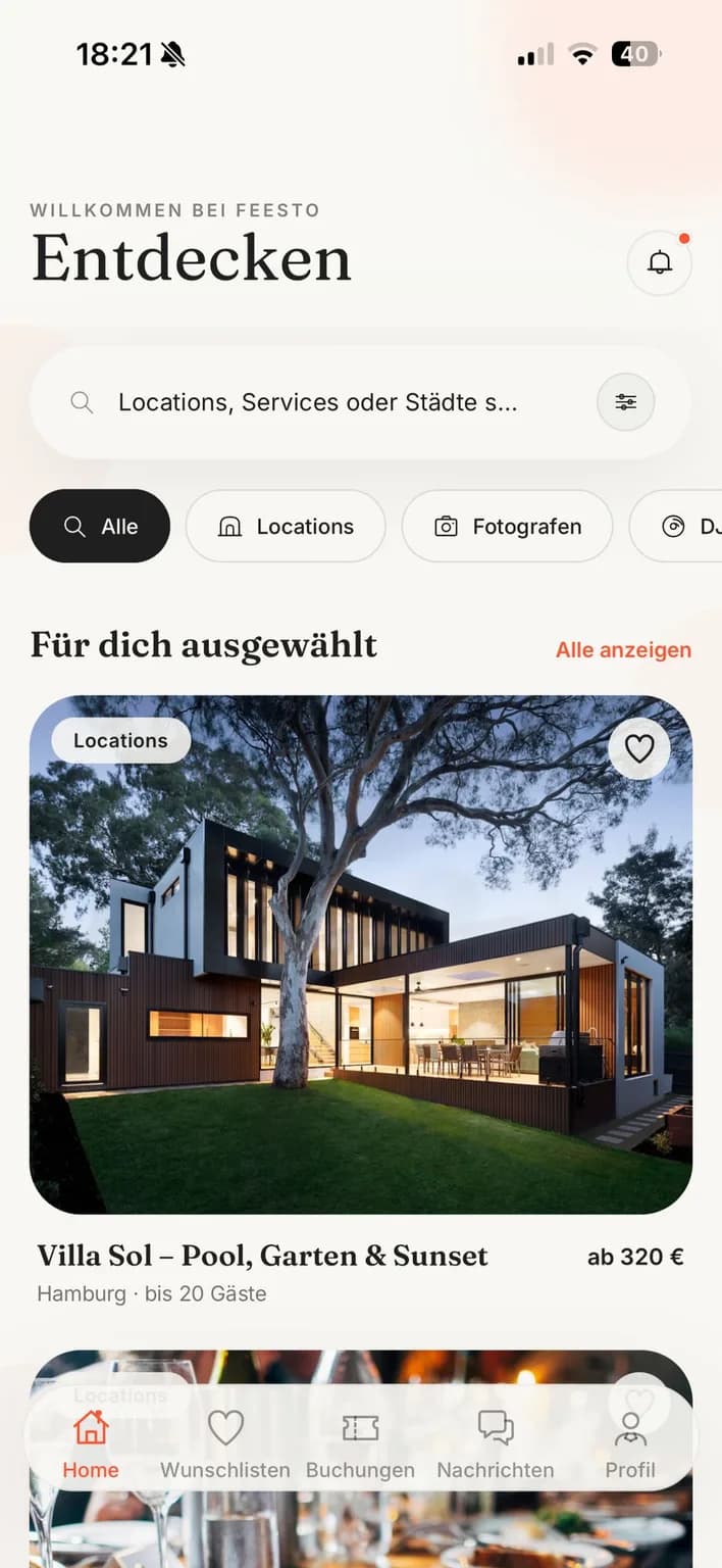 Feesto App: Entdecken mit Suche, Kategorien und ausgewählten Locations