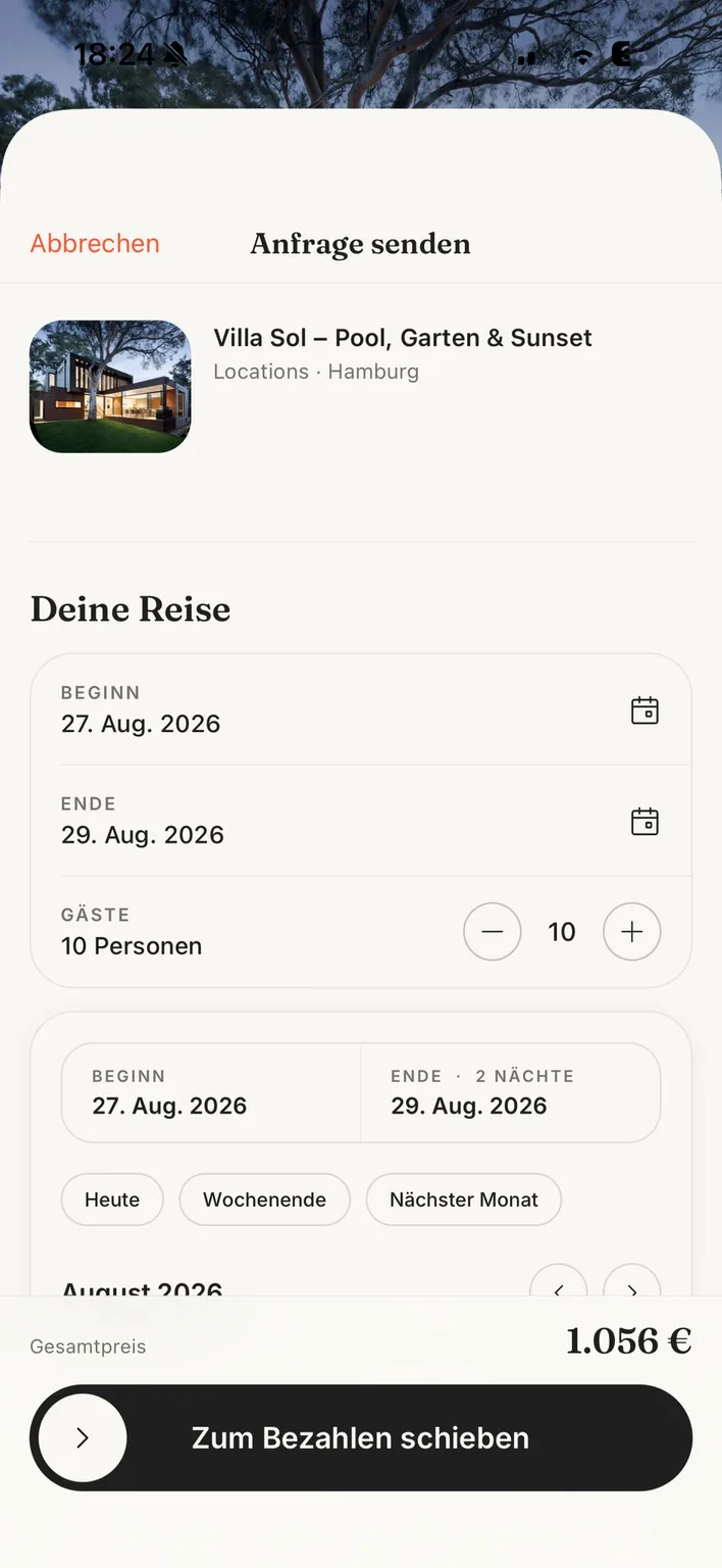 Feesto App: Anfrage senden mit Datum, Gästen und Gesamtpreis