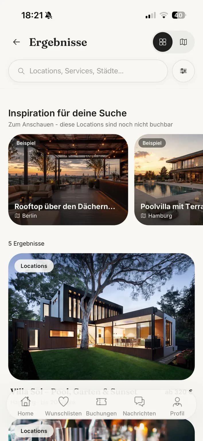 Feesto App: Suchergebnisse mit Locations zum Vergleichen